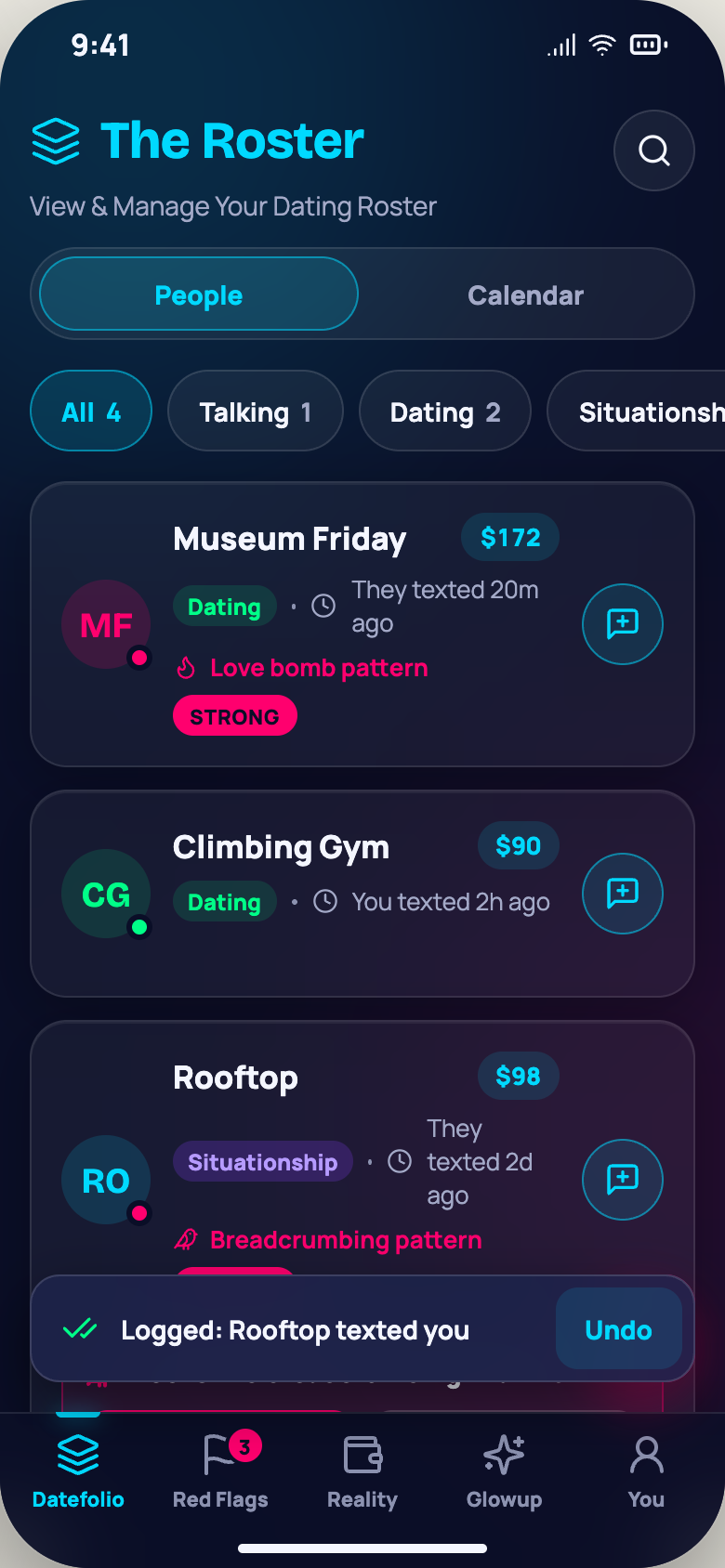 The roster with a confirmation that reads Logged: Rooftop texted you, with an Undo button.