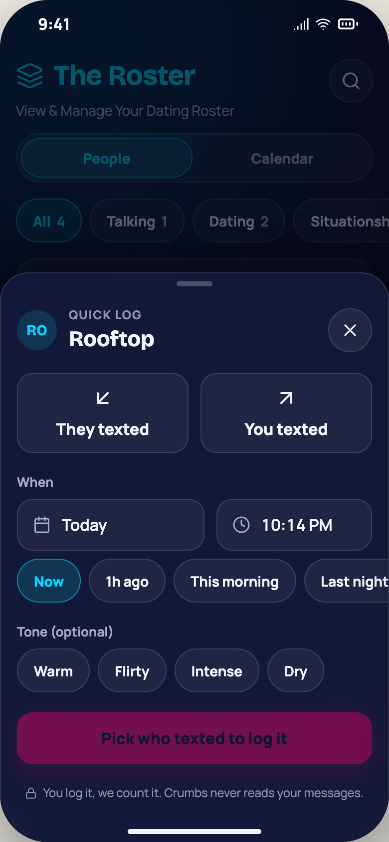 Crumbs quick log sheet open for a person nicknamed Rooftop, with They texted and You texted buttons, a time, and optional tone chips.